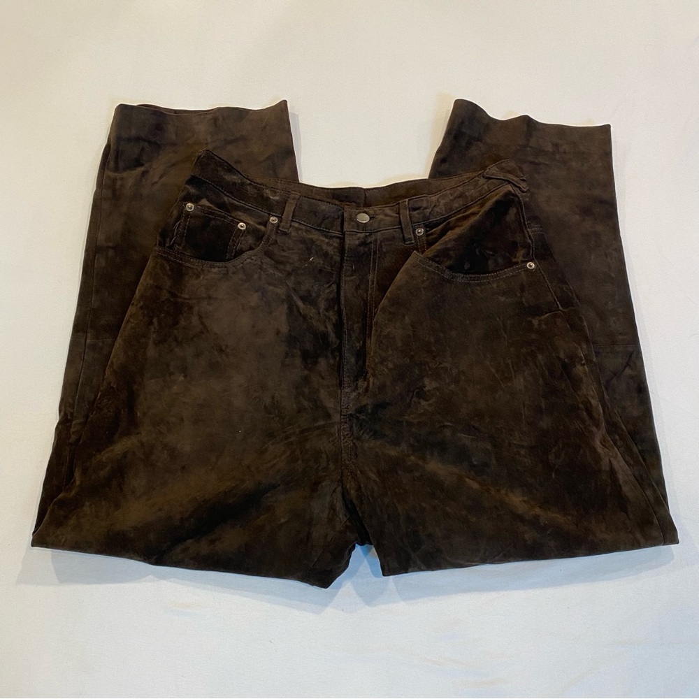 Vintage Brown Genuine Suede Leather Pants, 32" Waist, Wide Leg, High-Rise Fit